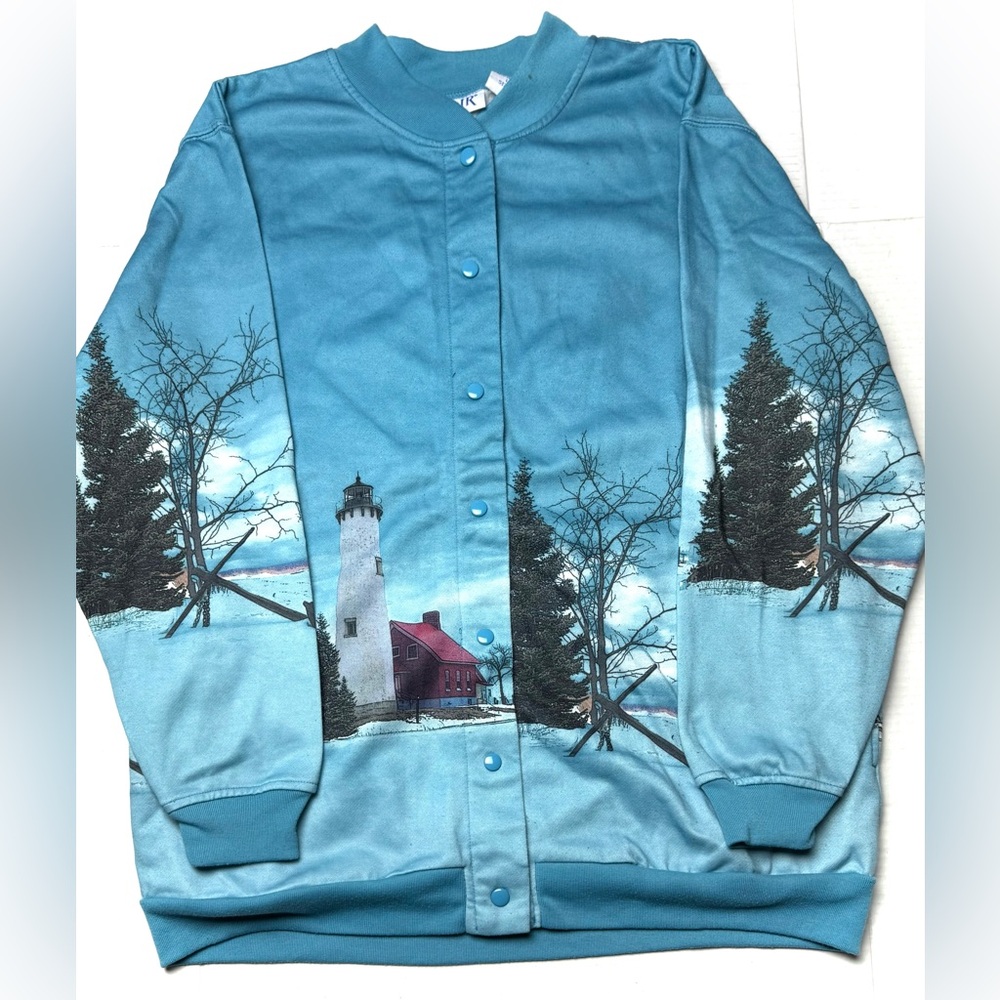 Vintage Blair Women’s Large Blue Lighthouse Snap Close Sweatshirt Jacket 90s